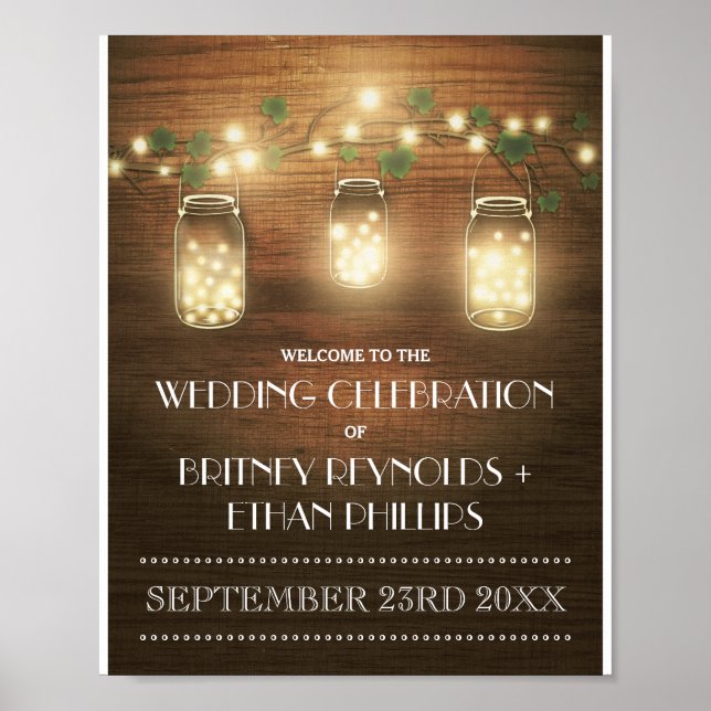 Poster Chaîne Lumières Rustique Mason Jar Mariage Bienven (Devant)