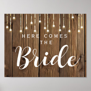 Poster Chaîne rustique de lumières ici vient la mariée
