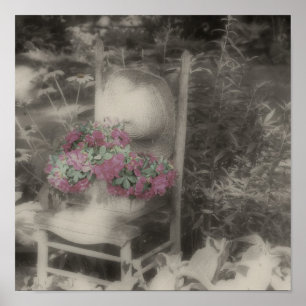 Poster Chaise de jardin fleuri couleur partielle vintage