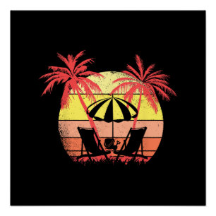 Poster Chaises de plage Parasol Eté Coucher de soleil 80s