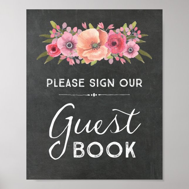 Poster Chalk Aquarelle Floral Invité Livre Mariage Signet (Devant)