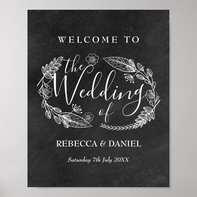 Poster Chalkboad Flacé à la main Accueil Garland Floral (Devant)
