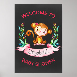 Poster Chalkboard Aquarelle Singe Baby shower Fille