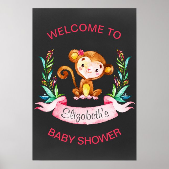 Poster Chalkboard Aquarelle Singe Baby shower Fille (Devant)
