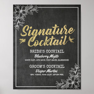 Poster Chalkboard Floral Mariage Signature Menu boisson