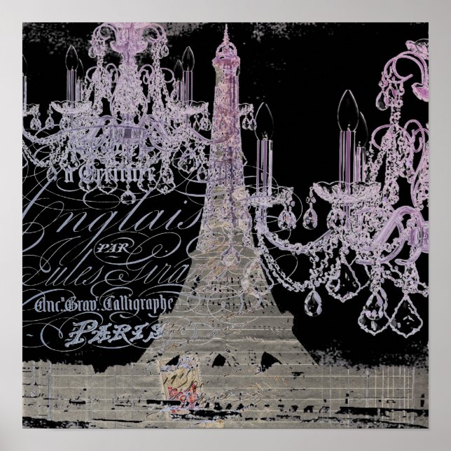 Poster chalkboard scripts chandelier paris eiffel tower (Devant)