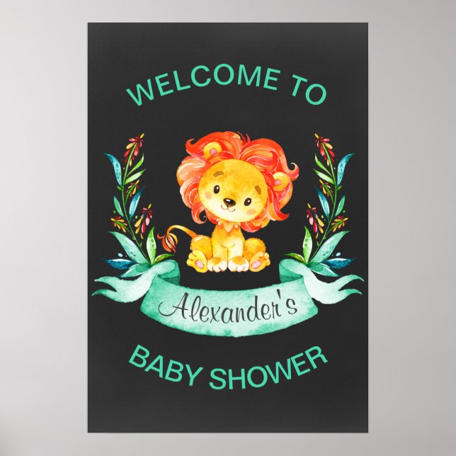 Poster Chalkboard Watercolor Lion Baby shower (Devant)