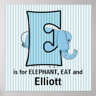 Poster Chambre de bébé E éléphant bleu monogrammé