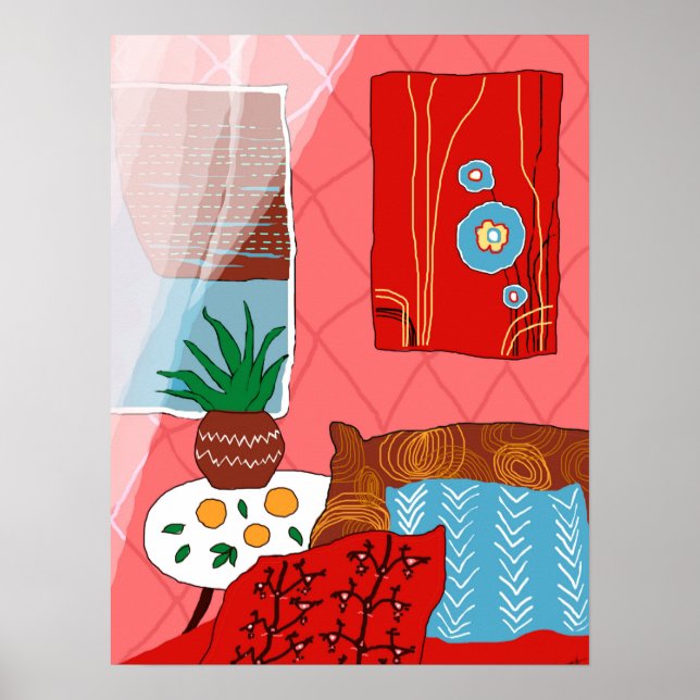Poster Chambre rouge inspirée de Matisse avec Coussin Alo (Devant)
