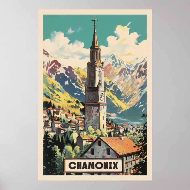Poster Chamonix, Mont Blan, Ski Vintage (Devant)