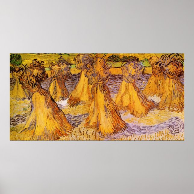 Poster Champ avec piles de blé par Van Gogh (Devant)
