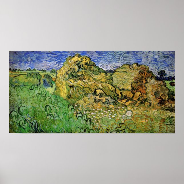 Poster Champ avec piles de blé par Vincent van Gogh (Devant)