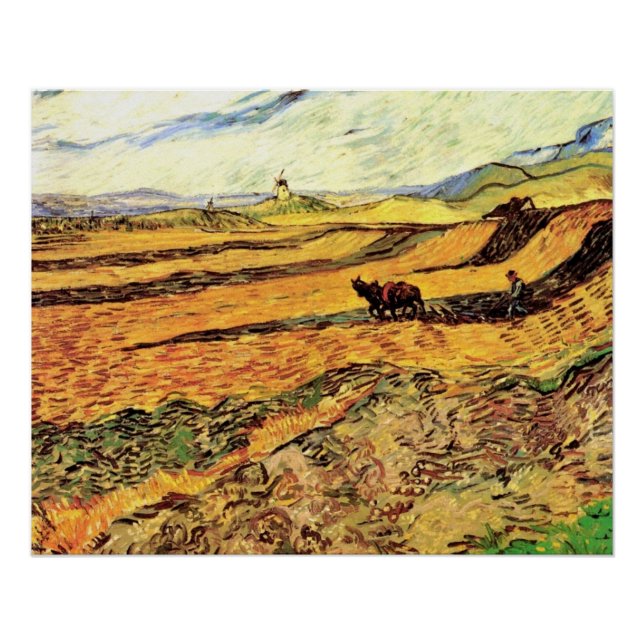 Poster Champ avec Plowman et Mill par Vincent van Gogh (Devant)