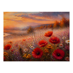Poster Champ de coquelicots au coucher du soleil, peintur