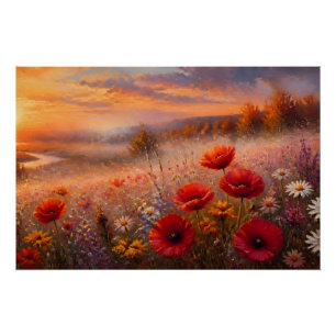 Poster Champ de coquelicots au coucher du soleil, peintur