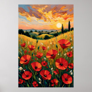 Poster Champ de Coquelicots Rouges Peinture à l'Huile