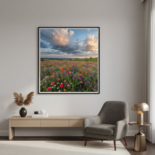 Poster Champ de fleurs sauvages vibrant au coucher du sol
