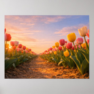 Poster Champ de tulipes au coucher du soleil, paysage hol