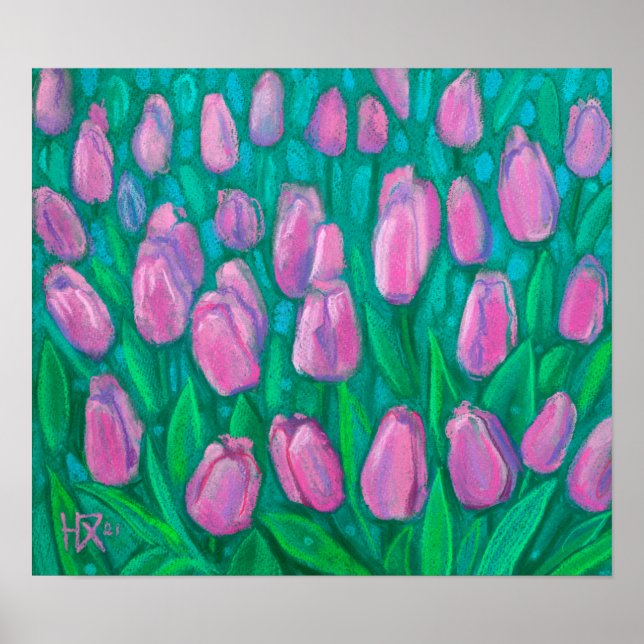 Poster Champ de tulipes roses, Fleurs de printemps peintu (Devant)
