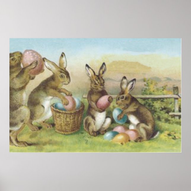 Poster Champ d'oeufs peints couleur lapin de Pâques (Devant)