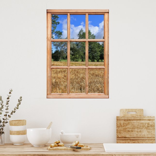 Poster Champ d'orge Vue à partir d'une fenêtre (Cuisine)