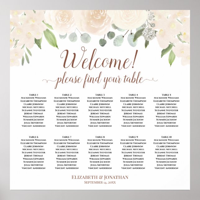 Poster Champagne Blush Boho Roses 10 Table Seating Chart (Devant)