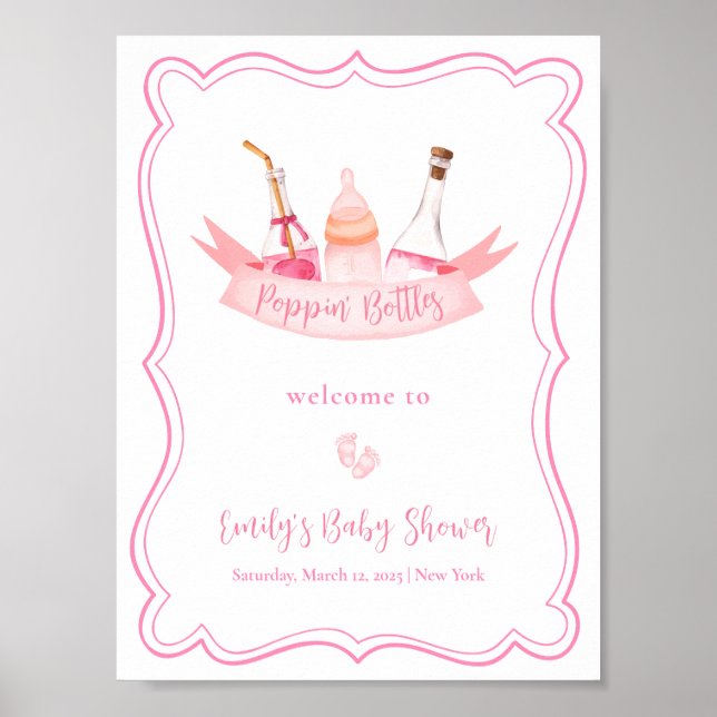 Poster Champagne rose Pieds Cadre Fille Baby shower Bienv (Devant)