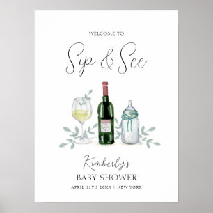 Poster Champagne Verdure Sip & Voir Baby shower Bienvenue
