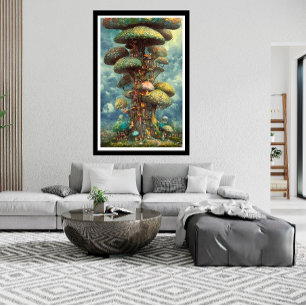 Poster champignon géant coloré maison d'arbre surréaliste