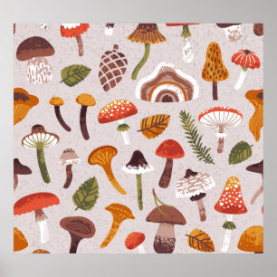 Poster Champignons d'automne, feuille : répétition vintag