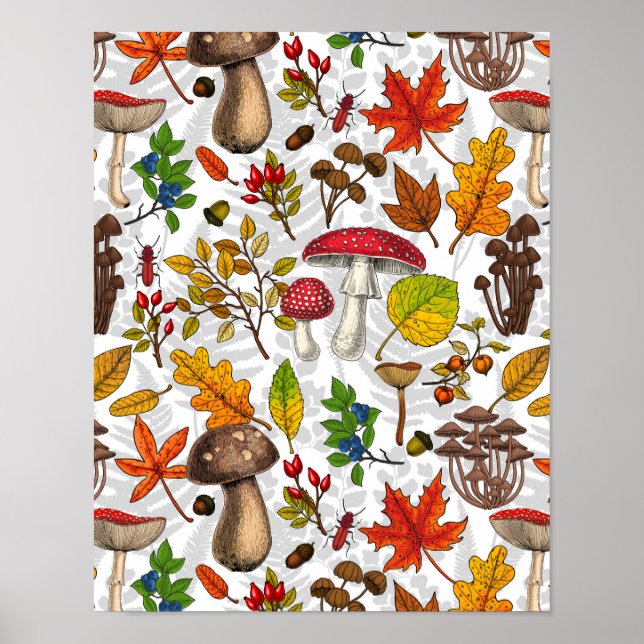 Poster Champignons d'automne, feuilles, noix et baies sur (Devant)