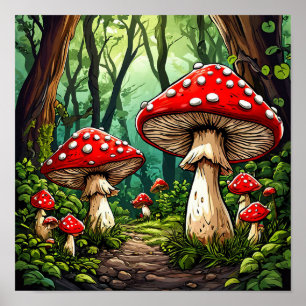 Poster Champignons de conte de fées dans la forêt