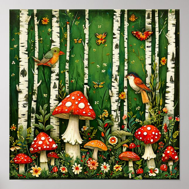 Poster Champignons de Conte de Fées et Oiseaux Forêt Ench (Devant)