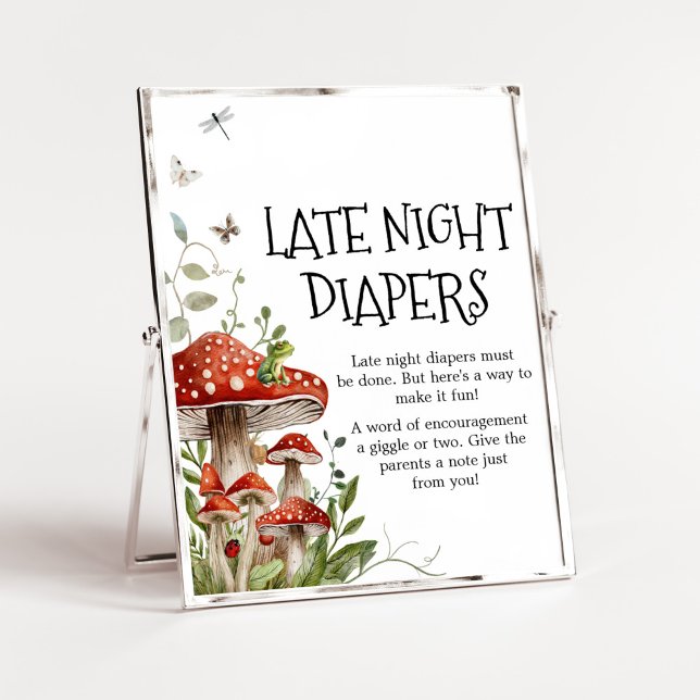 Poster Champignons de Whimsical Chute Diaports de nuit ta (Whimsical Mushroom Baby Shower Late Night Diapers Sign)