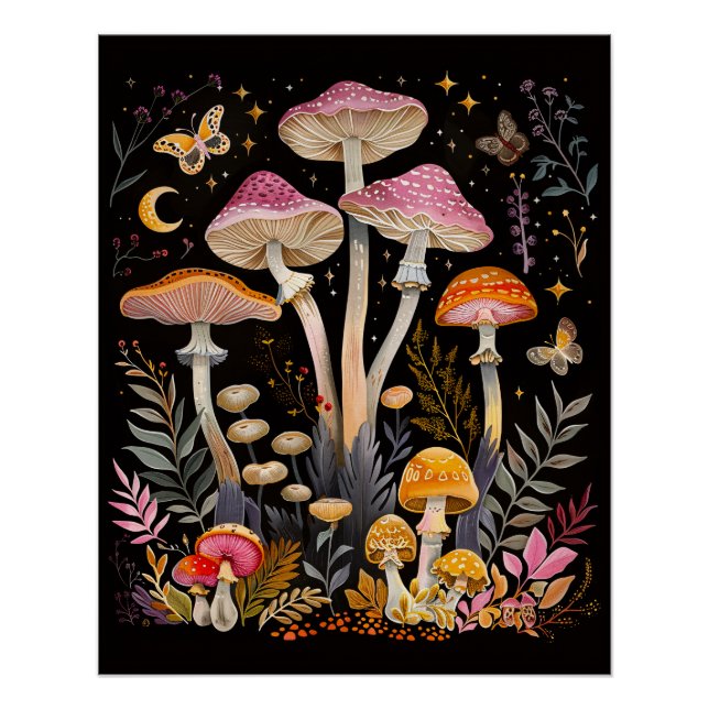 Poster Champignons de Whimsical papillons de nuit et lune (Devant)
