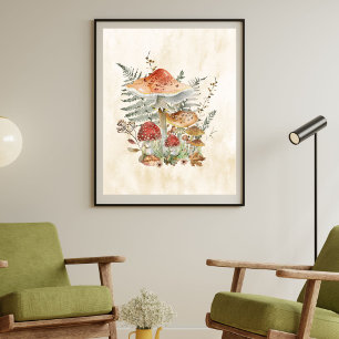 Poster Champignons et feuilles de fougère aquarelle vinta