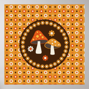 Poster Champignons et fleurs doux rétro