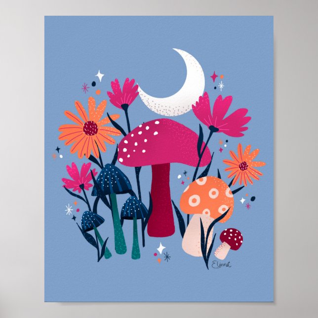 Poster Champignons et fleurs - pierre de lune bleu et ros (Devant)