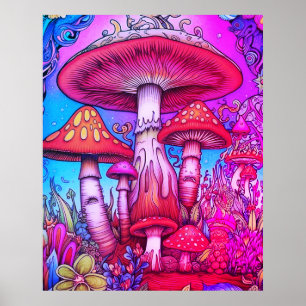 Poster Champignons fantaisistes rouges + bleus + roses su
