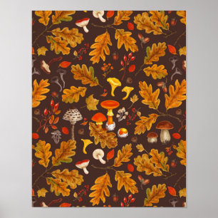 Poster Champignons forestiers et flore d'automne sur brun