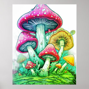 Poster Champignons géants sur fond blanc sur un mur