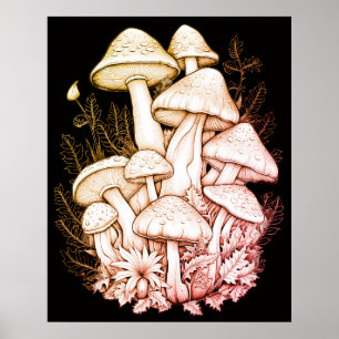 Poster Champignons Gras Pâles sur Fond Noir sur un Mur