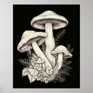 Poster Champignons pâles blanchâtres Fond noir sur un mur