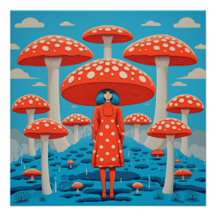 Poster Champignons psychédéliques rouges et bleus