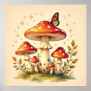 Poster Champignons Rétro et Papillon Couleurs Rétro