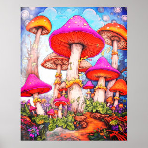 Poster Champignons sous un ciel matinal en fond sur un mu