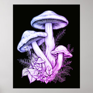 Poster Champignons Violet Clair Fond Noir Mur