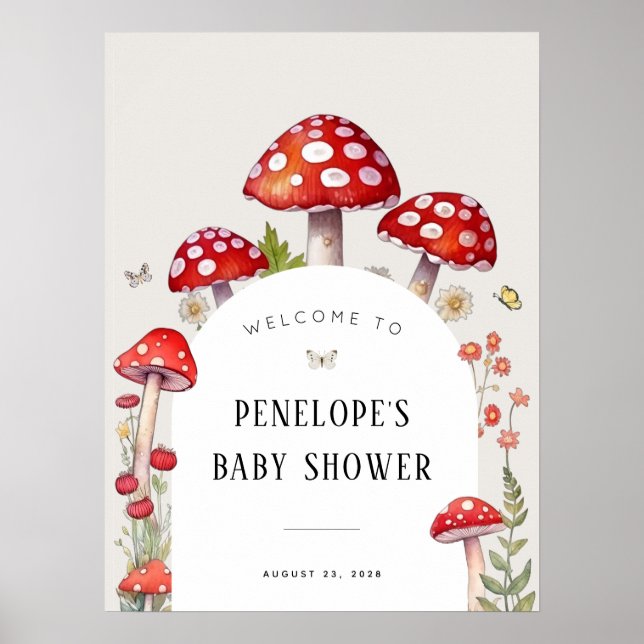 Poster Champignons Woodland Baby shower de chalet Bienven (Devant)