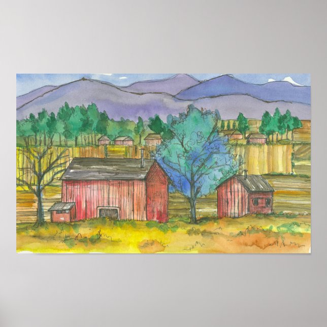 Poster Champs agricoles Granges rouges Aquarelle Paysage (Devant)