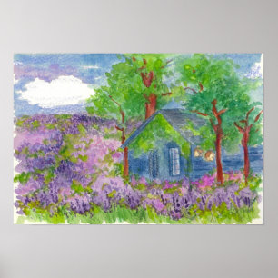 Poster Champs de lavande Pays Cabine aquarelle peinture